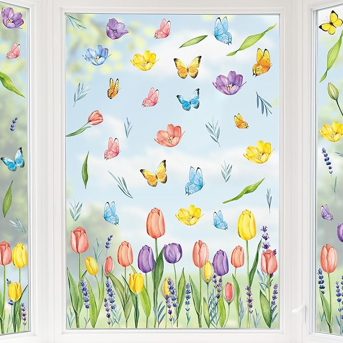 210PCS Spring Window Clings, 9 Sheet Spring Window Clings for Glass Windows with Tulip Flowers Butterfly, Double-Side Decals Stickers Decorations for Home Office Decor