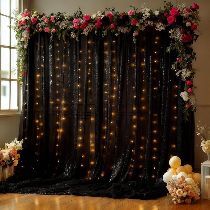 10x10FT Black Wrinkle Free Backdrop Curtains with Lights String for Parties - Photo Curtain Backdrop with Lights for Wedding Decorations, Bridal Baby Shower Birthday Party Photography Background