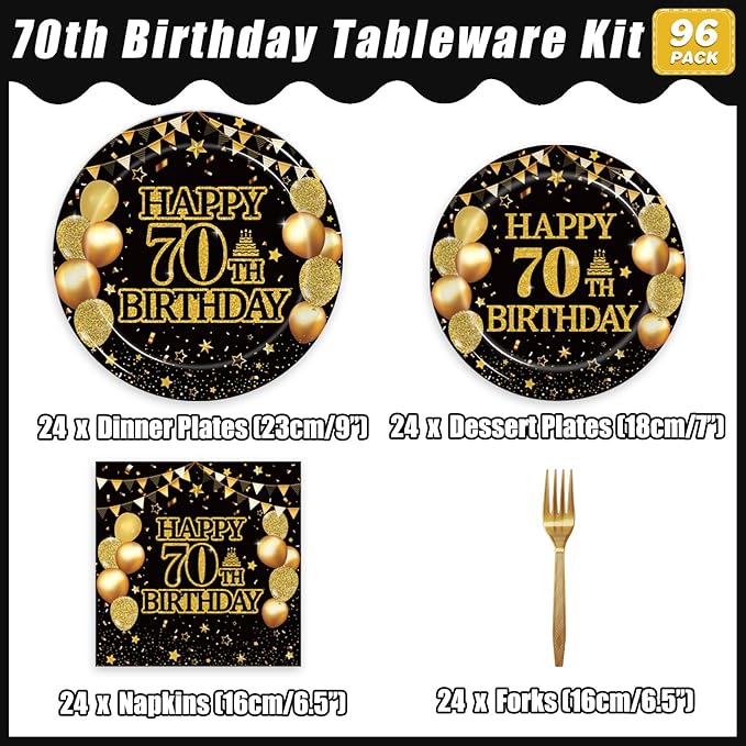 96Pcs 70th Birthday Party Tableware Set, Back in 1956 Birthday Party Decorations Supplies for Men Women Cheers to 70 Years Disposable Paper Plates Napkins Forks Favors, Serve 24