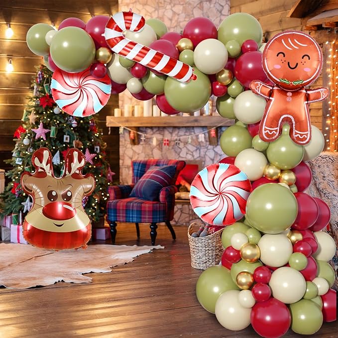 Christmas Balloon Garland Arch Kit, 103PCS Retro Green White Ruby Red Balloons Arch with Elk Head Candy Cane Foil Balloons, Gingerbread Man Windmill Foil Balloons for Christmas New Year Party Supply