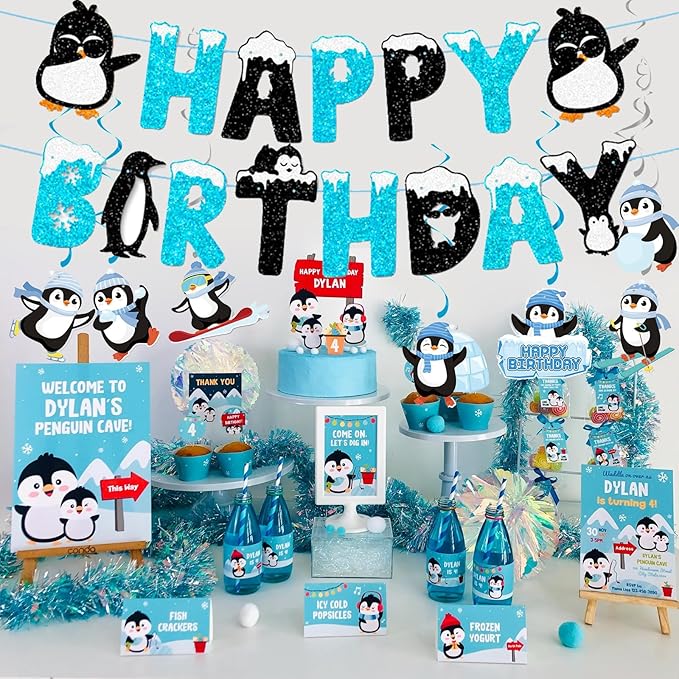 Zwiebeco Black Blue White Penguin Happy Birthday Banner Bunting Hanging Paper Swirls Garland Party Decorations for Baby Shower Winter Themed Boys Girls Bday Decor Accessories Supplies