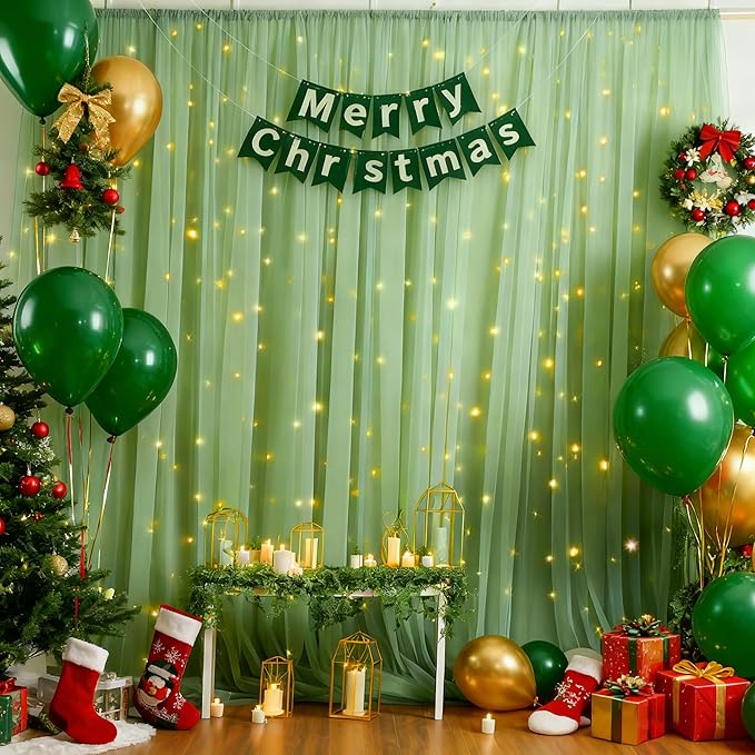 10x10ft Olive Green Tulle Backdrop Curtain with Lights String for Parites, Sheer Photo Backdrop Curtains for Wedding Baby Shower Birthday Party St. Patrick's Day Photo Shoot Background Decorations