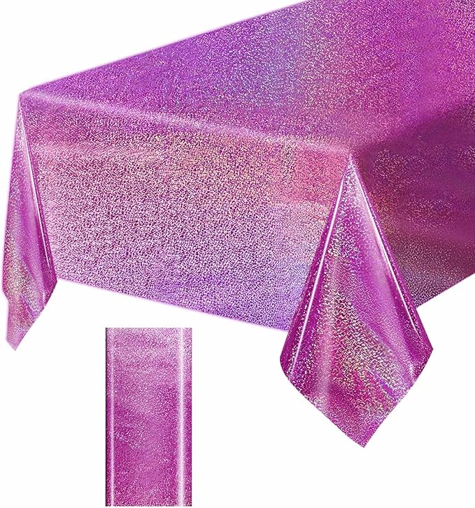 1 Pack Hot Pink Iridescent Plastic Tablecloth Disposable 54 × 108 Inch Glitter Holographic Foil Table Cloth Plastic Laser Rectangle Table Cover for Birthday Wedding Disco Party