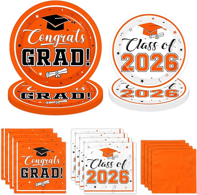 Graduation Party Plates and Napkins Orange Class of 2026 Grad Congrats Party Supplies Disposable Dessert Paper Plates Cocktail Napkins forGraduation Party Decorations,Serve 50