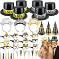 2026 New Years Eve Party Supplies, 36 Pcs Happy New Year Party Supplies Kit Serve 12, Including 6 Top Hats 3 Cone Hats 3 Tiara 12 Glasses 12 Noise Makers Black Gold Silver NYE Decoration Party Favors