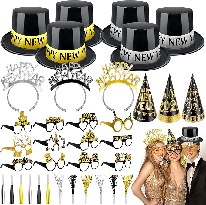 2026 New Years Eve Party Supplies, 36 Pcs Happy New Year Party Supplies Kit Serve 12, Including 6 Top Hats 3 Cone Hats 3 Tiara 12 Glasses 12 Noise Makers Black Gold Silver NYE Decoration Party Favors
