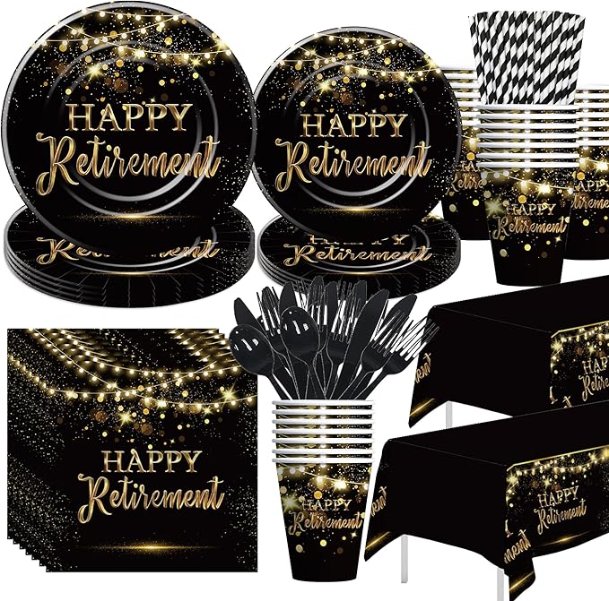 Retirement Decorations Party Supplies, Gold Black Happy Retirement Party Decorations Tableware For Men Women, Paper Plate, Napkin, Cup, Cutlery, Tablecloth, 24 Guests