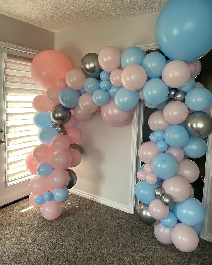 140Pcs Gender Reveal Balloon Garland Arch Kit - Pink and Blue Balloons Silver Latex Balloon for Boy or Girl Gender Reveal Decorations Birthday Party Baby Shower Celebration Anniversary (No Box)