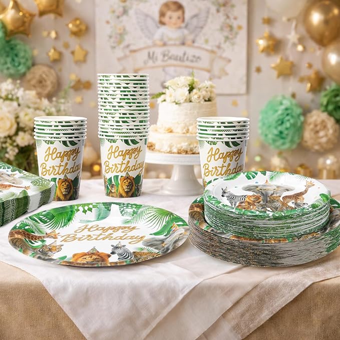 250 Pcs Safari Birthday Decorations for 50 Guest, Jungle Animals Paper Plates Napkins and Cups for Wild Animals Lion Tiger Zoo Theme Party Supplies