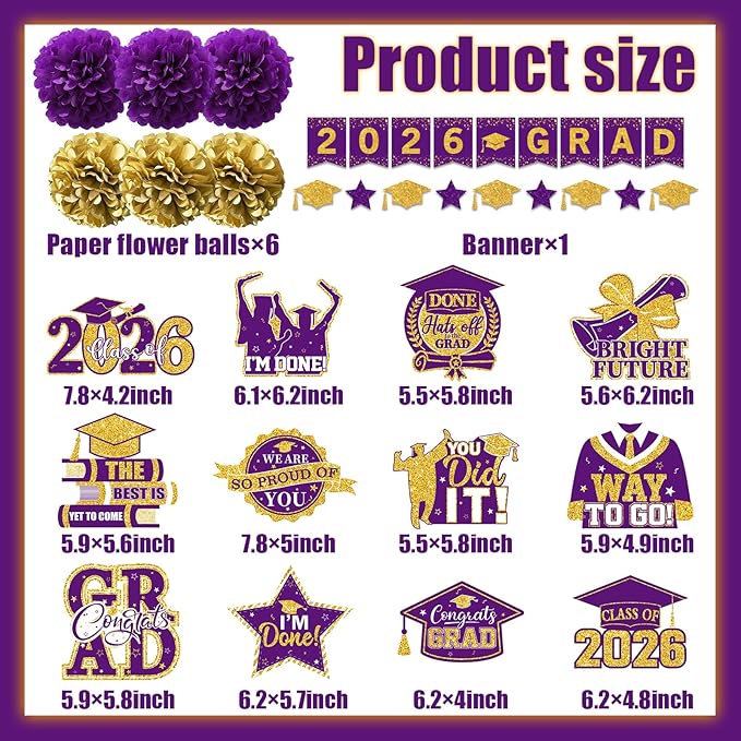 Graduation Decorations 2026 Purple, 2026 Grad Banner and Congrats Grad Hanging Swirls, Purple and Gold Graduation Banner Graduations Hanging Swirls College Graduations Party Decorations Class of 2026