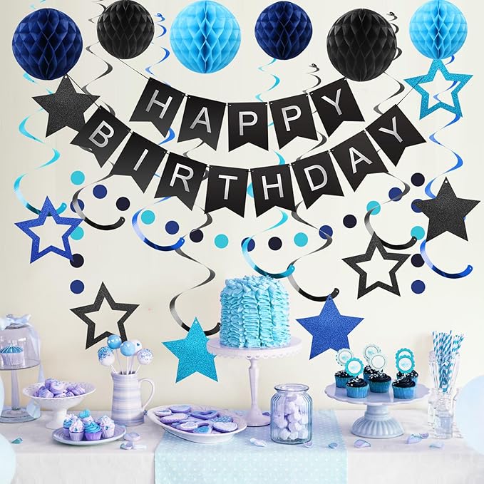 meowtastic Birthday Decorations, Happy Birthday Banner with Honeycomb Balls, Stars Hanging Swirl Streamers, Circle Dots Garland, Happy Birthday Party Decorations for Women Men Boys Girls (Black&Blue)