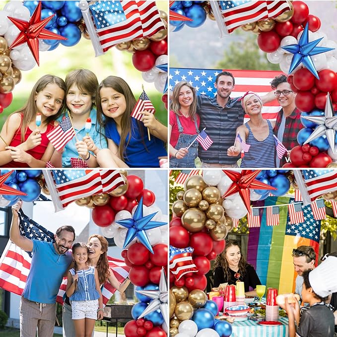 Bonropin Red White and Blue Balloon Garland Kit with Gold Balloons USA Flag Foil Balloon for Nautical Veterans Memorial Day Baseball Theme Party 4th of July Balloon Arch Graduation Decorations