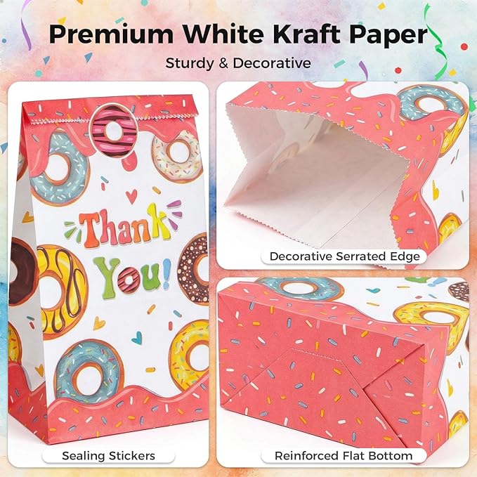 VGOODALL 24PCS Donut Party Favor Bags, Paper Gift Bags Goodie Bags with Stickers Candy Bags for Kids Birthday Party
