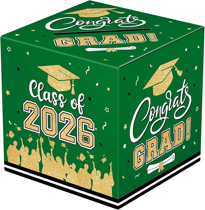 Graduation Card Box 2026 - Congrats Grad Card Boxes Holder, Green and Gold Class of 2026 Graduation Gift Cards Box for Graduation Party Decorations 2026 Favors Decor Supplies Props,9x 9 x 9 inches