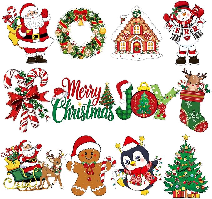 Large 11"x14" Vintage Christmas Cutouts Decorations Cardboard Cutout Set of 12, Vintage Christmas Red and Green Paper Cut Outs Party Decoration Indoor Outdoor, Retro Paper Xmas Cutouts Wall Decor