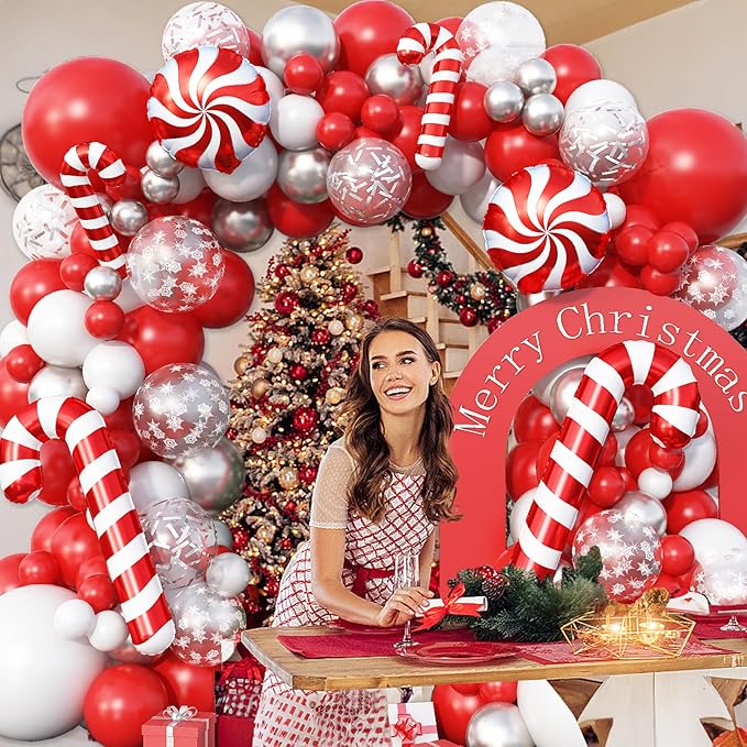 Christmas Balloon Arch Kit 129 Pcs Red White Silver Snowflake Confetti Latex Balloons Xmas Candy Cane Foil Balloon for Merry Christmas Friendsmas Winter New Year Birthday Party Decor