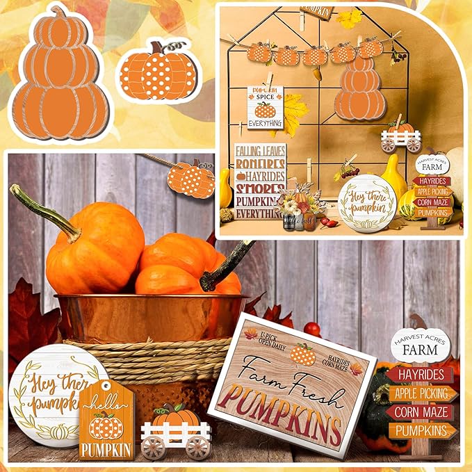 14 Pcs Thanksgiving Tiered Tray Decor Fall Thanksgiving Pumpkin Wooden Decorations Set Rustic Farmhouse Truck Spice Blocks Autumn Wooden Sign for Winter Halloween