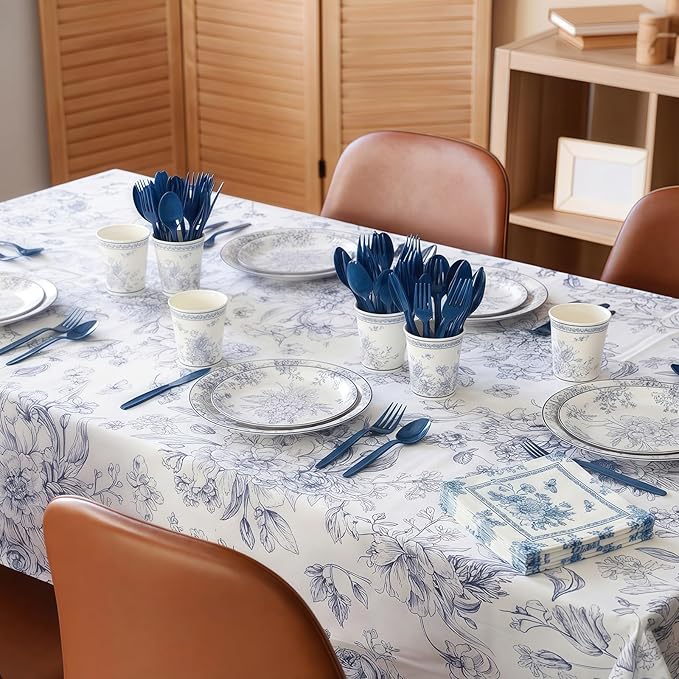 352 Pcs Blue Floral Disposable Tableware Set Vintage Flower Party Supplies Set for 50 Guests Tea Party Disposable Dinnerware Includes Plates Napkins Cups Cutlery for Wedding Bridal Shower