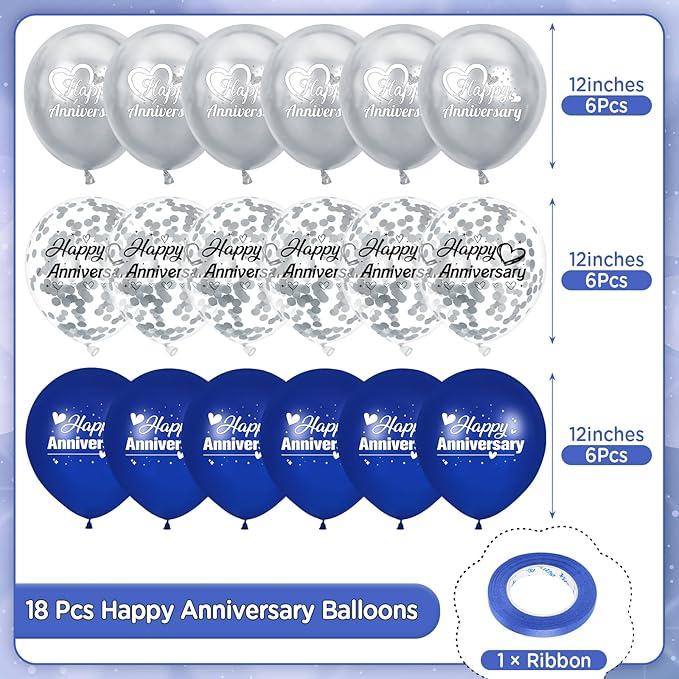 Happy Anniversary Balloons 18Pcs Blue Silver Party Decorations for Women Men 12Inch Metallic Confetti Balloons for Indoor Outdoor Party Supplies