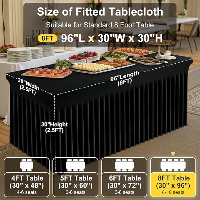 Smiry Spandex Tablecloth 2 Pack, Elastic Fitted Stretch Tablecloth for 8FT Rectangle Tables, Waterproof Washable Table Cover Skirt for Outdoor, Wedding, Banquet & Parties (Black, 96Lx30Wx30H Inch)