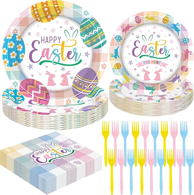 120 PCS Easter Party Decorations, 30 Set 9" Dinner Plates 7" Dessert Plates Paper Napkins Forks Set, Disposable Paper Plates Happy Easter Plates Bunny Egg Party Dinnerware Tableware Party Supplies