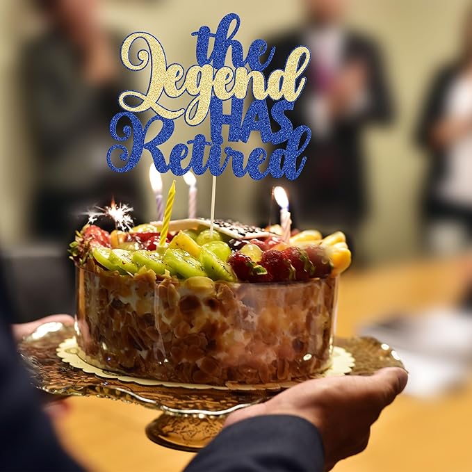 Gyufise 1Pc The Legend Has Retired Cake Topper Glitter Goodbye Hello Tension Pension Cake Pick for Happy Retirement Farewell Theme Party Decoration Supplies Blue Gold