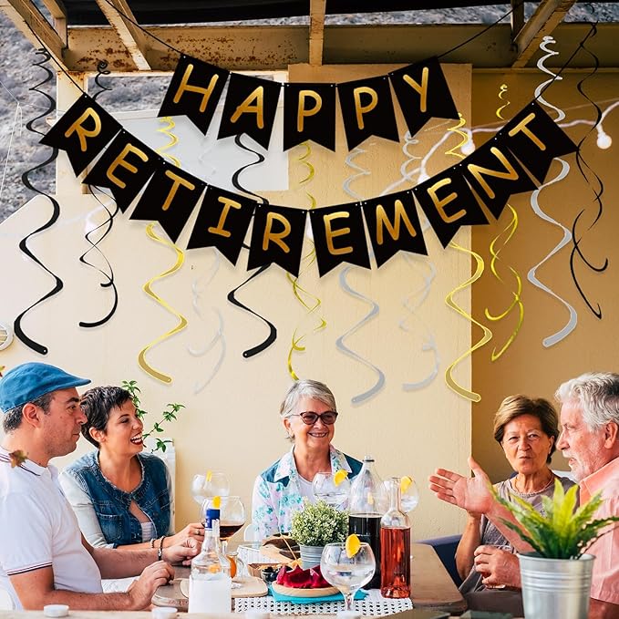 Retirement Party Decorations for Men Women Black Gold Happy Retirement Banner Hanging Swirls Kit for Retire Party Decor Supplies