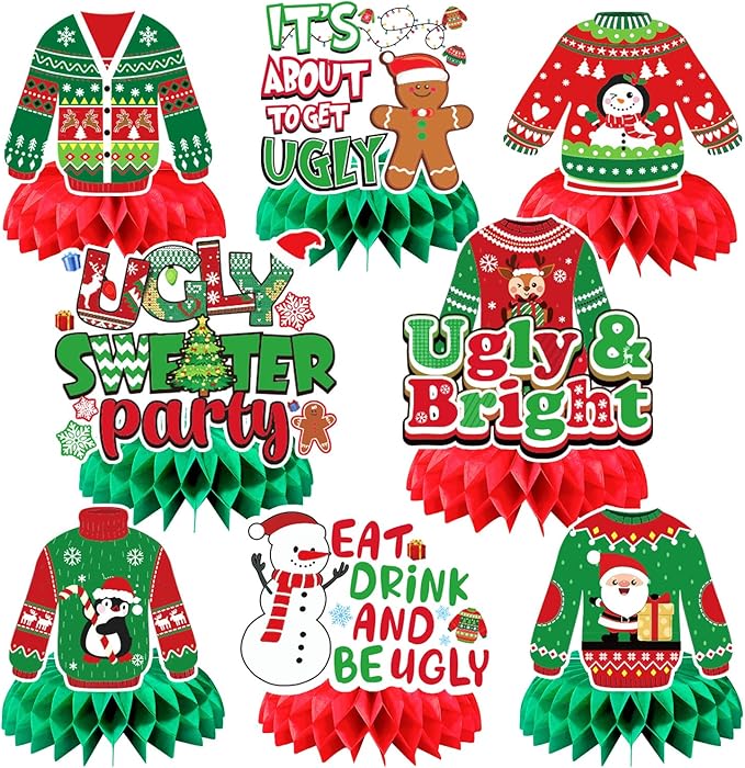 JULMELON 8PCS Ugly Sweater Party Decorations Honeycomb Centerpieces, Ugly Sweater Christmas Party Centerpieces for Tables Ugly Sweater Table Decor 3D Table Toppers for Christmas Winter Party Supplies
