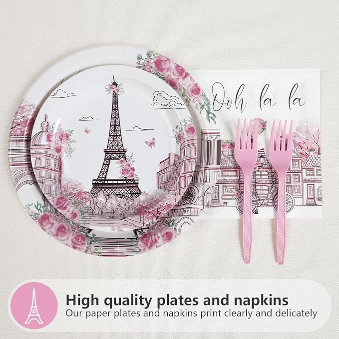 96Pcs Paris Theme Party Decorations Eiffel Tower Plates and Napkins Pink Rose Oh La La Birthday Decorations for Valentine's Day Paris Themed Bridal Shower Weddings Baby Shower Party Supplies Serves 24