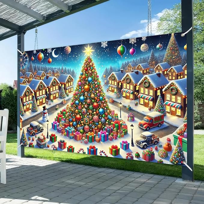Christmas Village Backdrop 70.9 x 43.3 Inch Winter Wonderland Tree and Snowy Houses Banner with Gifts, Snowman & Lights for Indoor Outdoor Holiday Party Photo Background
