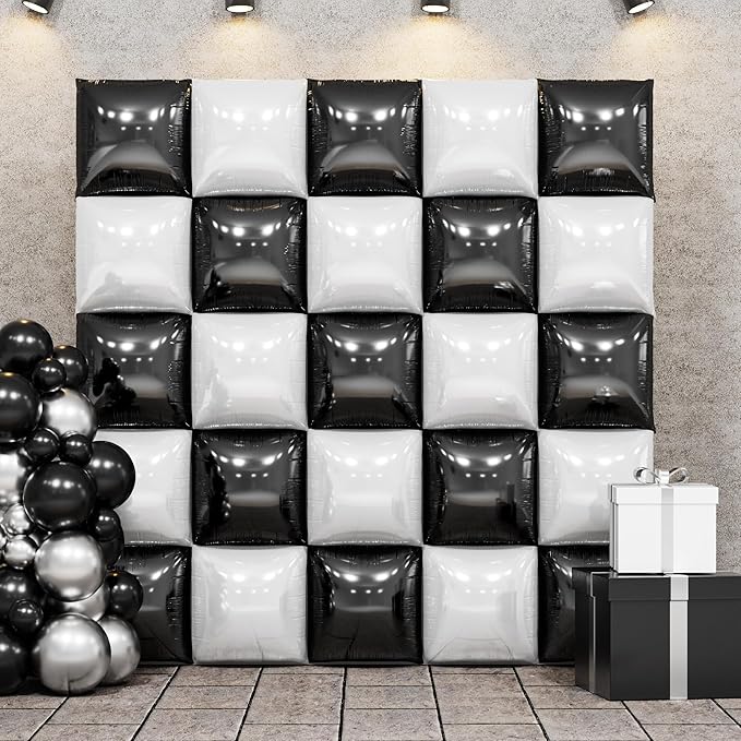 Black and Pearl White Double Sided Square Foil Balloons Wall,19 Inches Chrome Foil Balloons Tunnel Arch Kit for Bachelorette,Anniversary,Wedding,Birthday Party Background Decoration