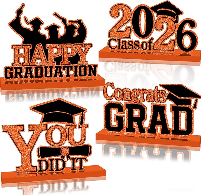 4Pcs Graduation Decorations Class of 2026 Wood Table Centerpieces Congrats Grad Wooden Sign Graduation Table Toppers Congratulate Tiered Tray Decor for 2026 Graduation Party (Orange-Black)