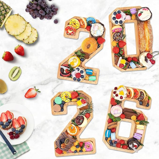 4PCS Wooden Graduation Decorations Number Charcuterie Board Box-(with 14 Balloons) 2026 Charcuterie Numbers Fillable Food Graduation Party Supplies