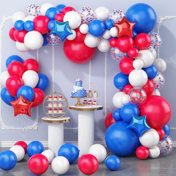 138PCS Red White and Blue Balloon Garland Arch Kit, 18 12 10 5 inch Red and Blue White Balloon Garland with Stars for 4th of July Decorations Birthday Baseball Veterans Memorial Patriotic Day