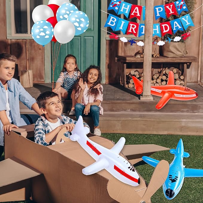 56 Pcs Airplane Birthday Party Decoration Inflatable Airplane Blue & Red Balloons Banners Air Adventure Themed Birthday Party Cloud Aircraft Decor