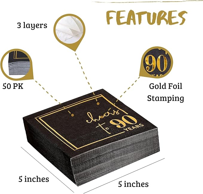 Cheers to Years Cocktail Napkins - 50 PK - 3-Ply Birthday Napkins 5x5 Inches Disposable Party Napkins Beverage Paper Napkins or Birthday Decorations Wedding Anniversary Black and Gold (90 Years)