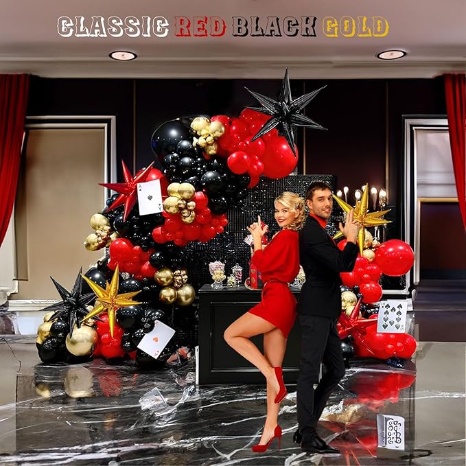 Black Red and Gold Balloon Garland Arch Kit 150PCS – Starburst Balloons for 2025 Graduation Party Decorations, Prom, Class of 2025, Movie Night or Casino Theme Celebration