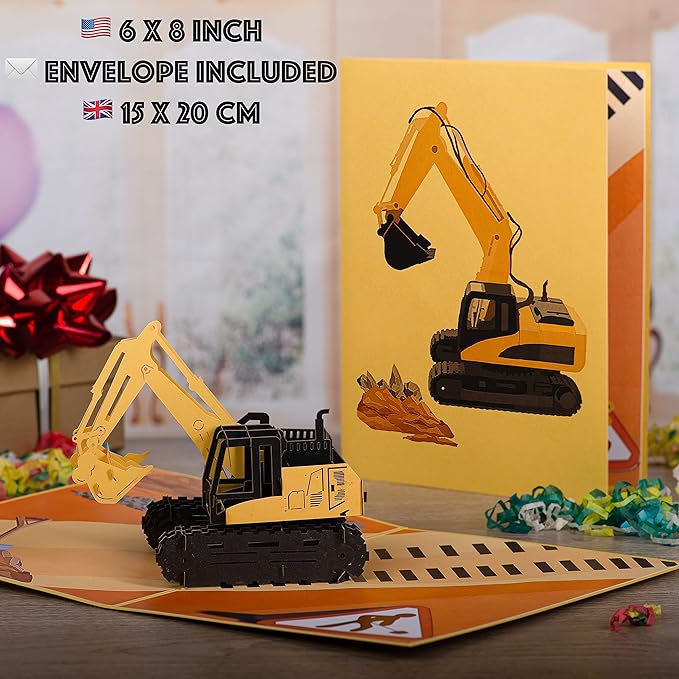 Digger Pop Up Card by DEVINE Popup Cards w/envelope (8"x6") | 3D Birthday Card for Boys Kids Grandson | Pop Up Greeting Cards | 3D Cards All Occasion Funny Excavator