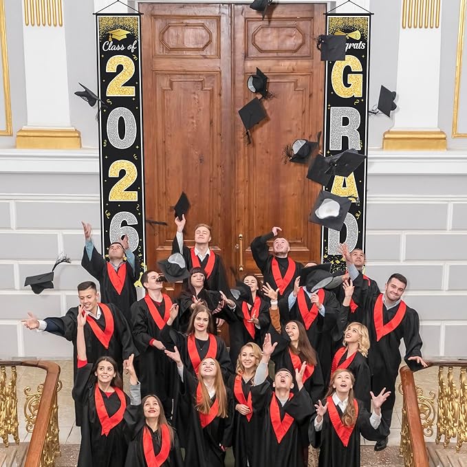 OHOME Graduation Decorations 2026 - Black Gold Congrats Grad Porch Banner for Graduation Party Decorations - Class of 2026 - Party Favors Supplies Backdrop Yard Signs Decor (Black)