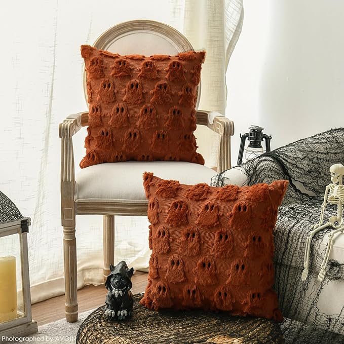 AVOIN colorlife Halloween Ghost Caramel Throw Pillow Cover Set of 2, 20 x 20 Inch Soft Plush Faux Fur Jacquard Spooky Cushion Case Decoration for Sofa Couch