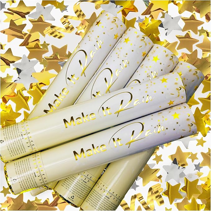 PrimePure Confetti Cannon Party Poppers - Gold Star Confetti Poppers - 6 Pack - Gold Glitter Stars Party Cannon Pop Gun for Birthday, Wedding, Graduation, Celebration, Events, Pranks