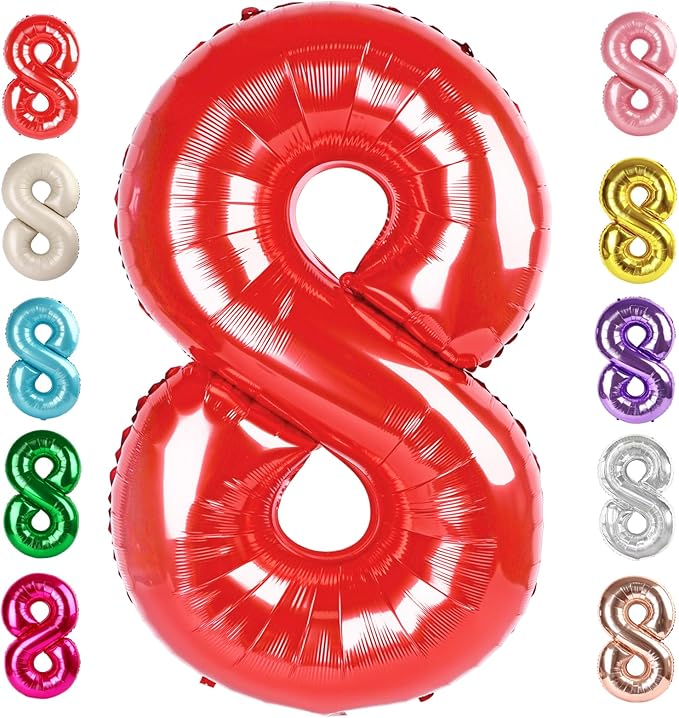 40 Inch Number 8 Balloon, Red 8 18 28 80 Birthday Balloons for Men Boys, 8th Birthday Decorations Party Supplies, Wedding, Graduations