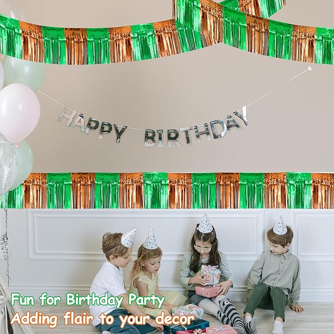 4 Packs Total 39 Ft Super Ball Parade Floats for Trailer Car, Green Brown Foil Fringe Garland Tinsel Streamers Hanging Backdrop Banner Table Skirts for Graduation Homecoming Birthday Football Party