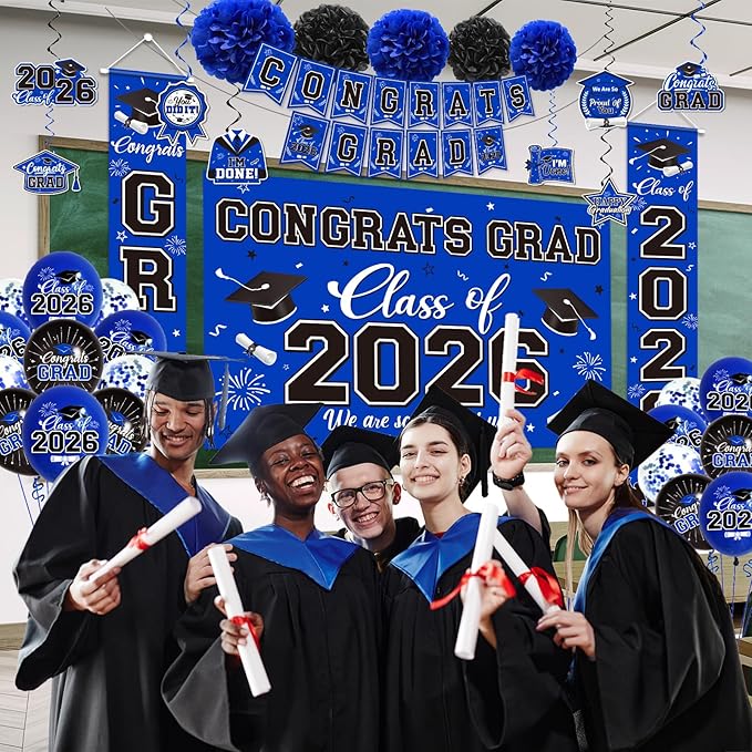 Graduation Decorations 2026 Blue Party Decor Set with Congrats Grad Banner, Class of 2026 Backdrop, Balloons, Box & Streamers Supplies for High School & College Celebrations