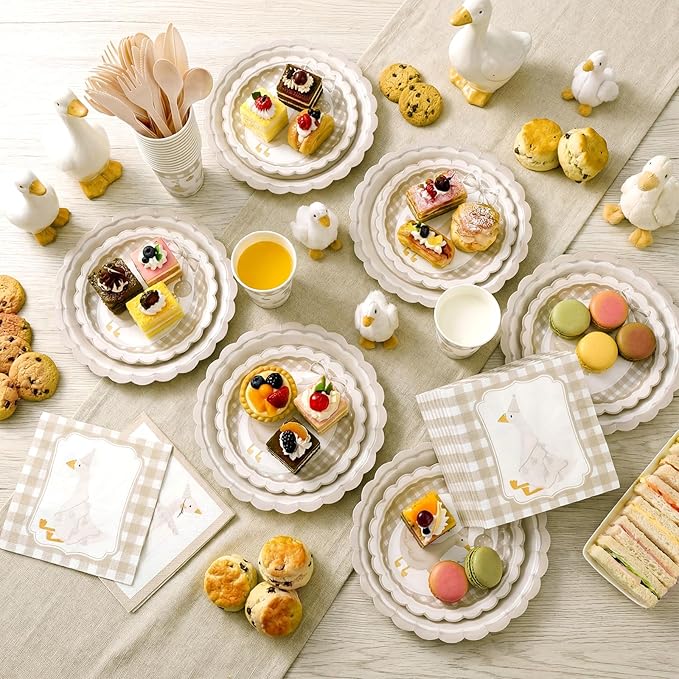Zhehao 350 Pcs One Silly Goose Birthday Party Tableware Set Beige Scalloped Baby Shower Plates Cup Napkins Forks for Birthday Party Decorations Supplies for 50 Guests