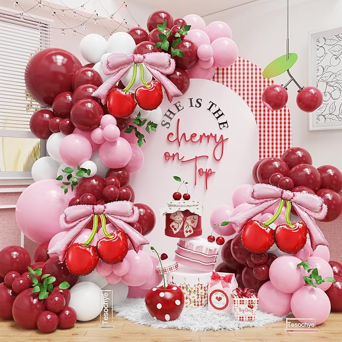 Cherry Balloon Garland Arch Kit, Burgundy Pink White Balloons with Pink Bow Red Cherry Foil Balloons for Girls Birthday She's The Cherry On Top Baby Shower Wedding Bridal Party Decorations