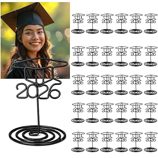 Rtteri 30 Pcs 2026 Grad Cap Graduation Picture Display 2 Inch Black Photo Holders for Centerpieces Graduation Table Number Holders Card Stands for Class of 2026 Grad Party Supplies
