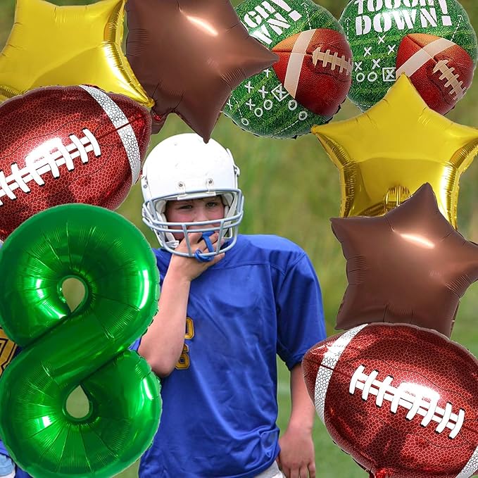 Football Balloons Foil Football Birthday Decorations Balloons Green Number 8 Balloon Gold Brown Star Touchdown Ballons for Rugby Birthday Decorations Sports Ballons Arch Kits Party Balloon Sets 9pcs