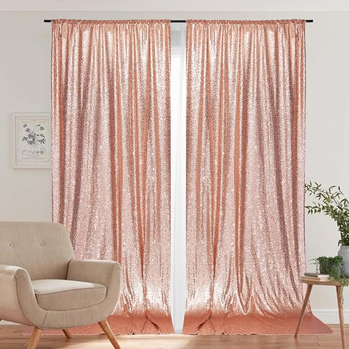 PartyDelight Rose Gold Sequin Backdrop 5x10ft 2 Panels - High Density 3mm Shimmer Sequin Background with 4-Inch Rod Pocket, Sparkly Photography Curtain for Wedding, Gala, Stage & Event Decoration