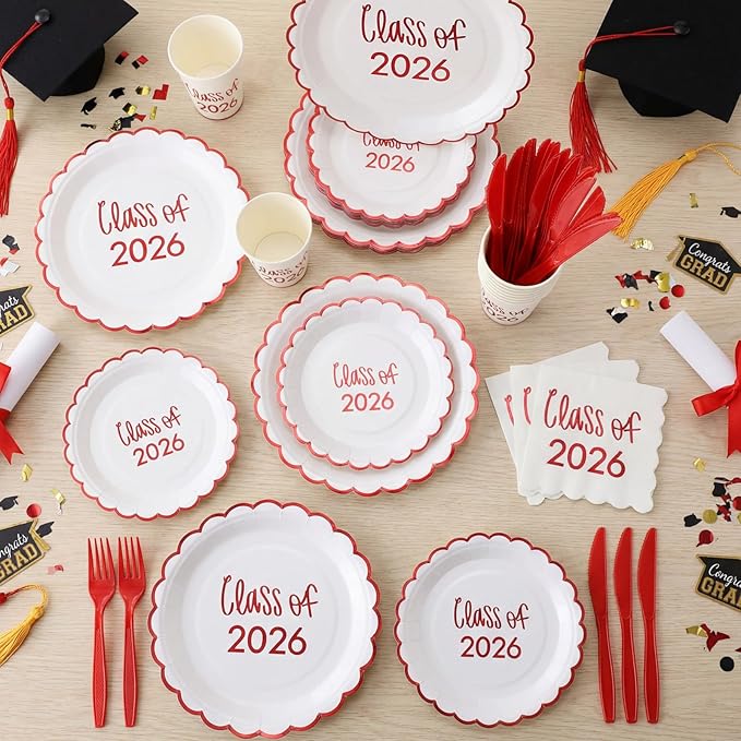 Class of 2026 Graduation Party Supplies, 175 Pcs Congrats Grad Paper Plates Napkins and Cups Cutlery Disposable Tableware Set for College High School Congrats Decorations, Serves 25(Red)
